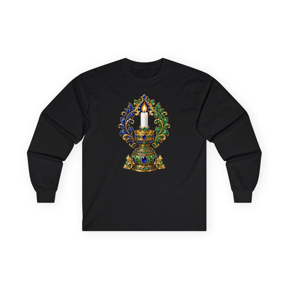 Jewelled Gold Candle Holder personalised long sleeve Christmas T-shirt in black