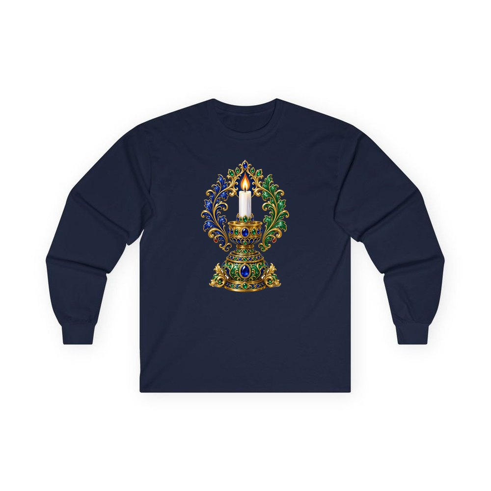 Jewelled Gold Candle Holder personalised long sleeve Christmas T-shirt in navy