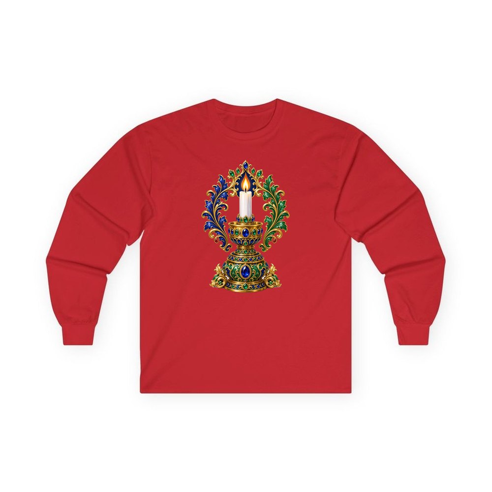 Jewelled Gold Candle Holder personalised long sleeve Christmas T-shirt in red