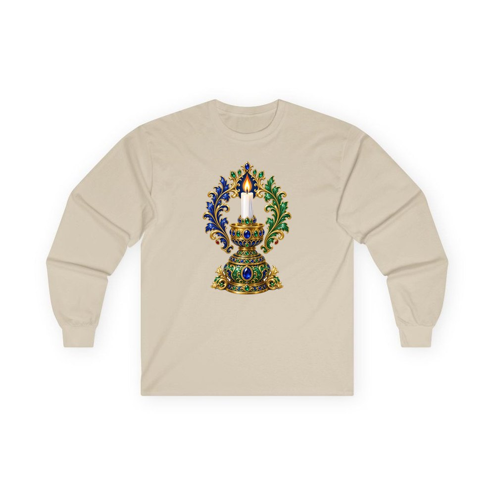 Jewelled Gold Candle Holder personalised long sleeve Christmas T-shirt in sand