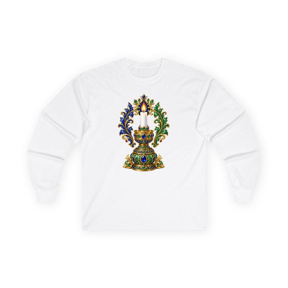 Jewelled Gold Candle Holder personalised long sleeve Christmas T-shirt in white