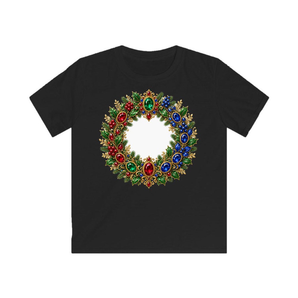 Jewelled Gold Holly Wreath personalised kids Christmas tee in black