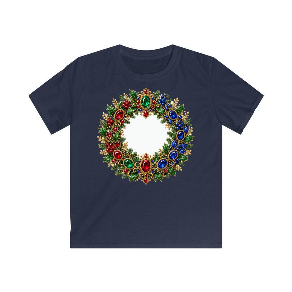 Jewelled Gold Holly Wreath personalised kids Christmas tee in navy