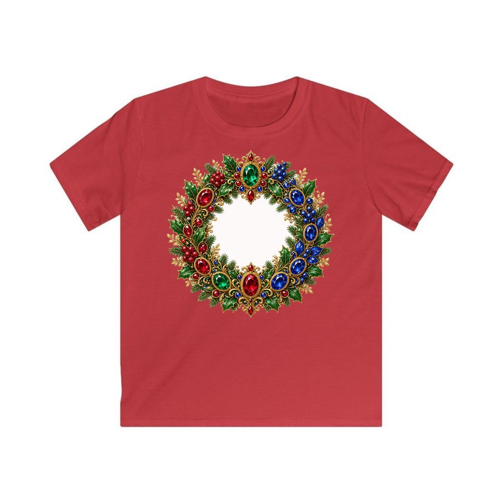 Jewelled Gold Holly Wreath personalised kids Christmas tee in red