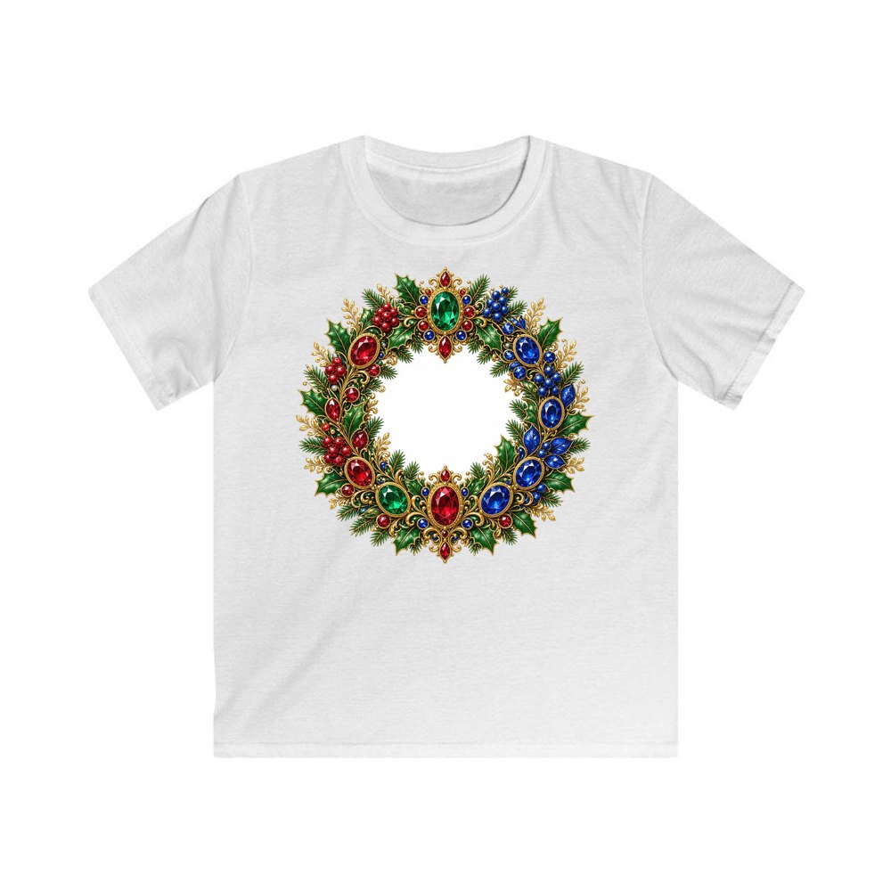 Jewelled Gold Holly Wreath personalised kids Christmas tee in white