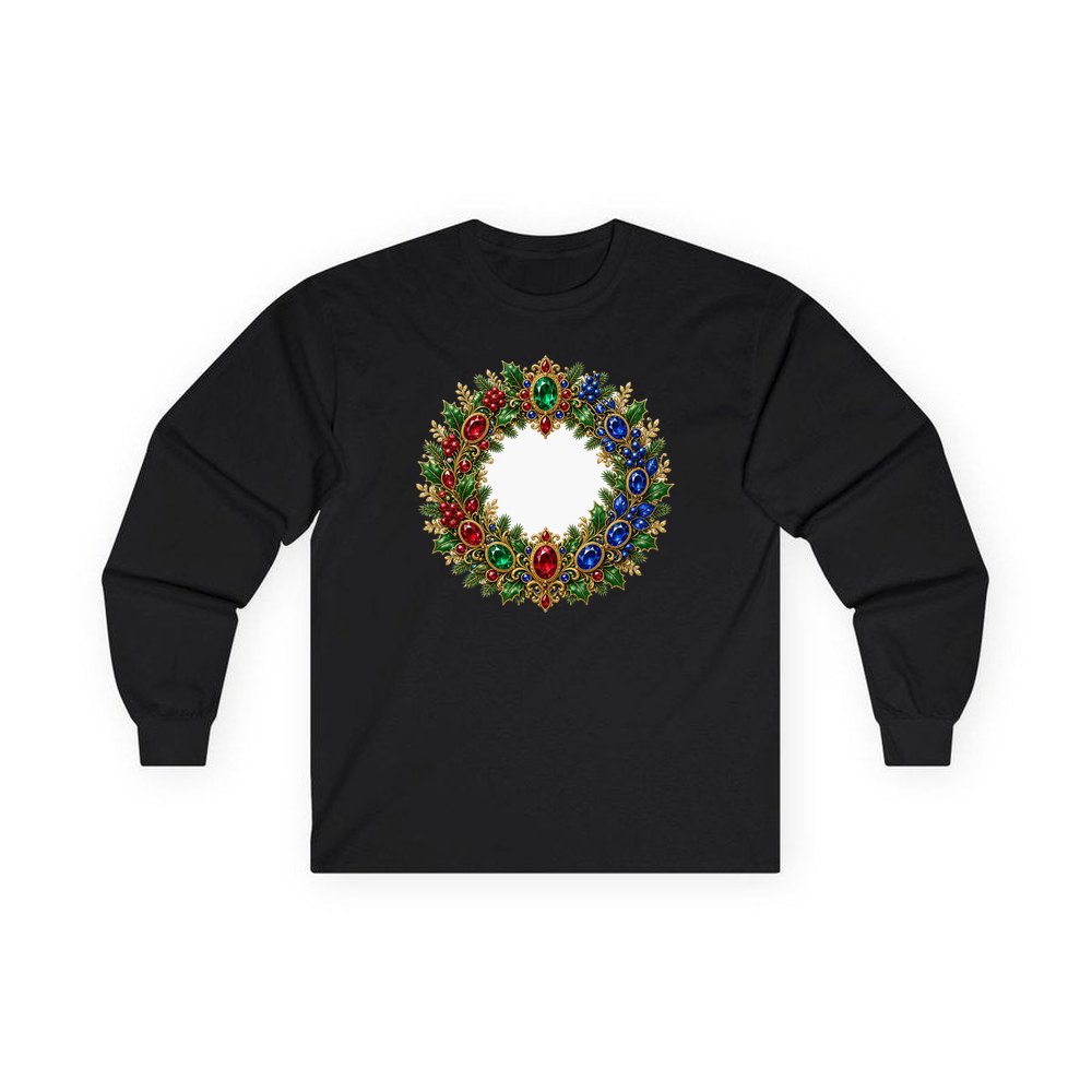 Jewelled Gold Holly Wreath personalised long sleeve Christmas T-shirt in black