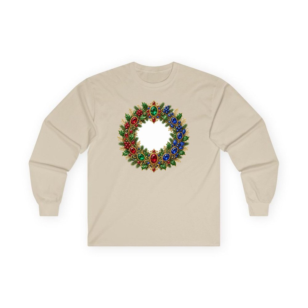 Jewelled Gold Holly Wreath personalised long sleeve Christmas T-shirt in sand