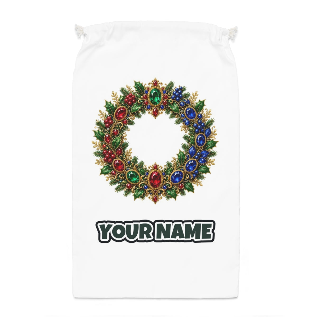 Jewelled Gold Holly Wreath Santa sack laid flat, showing the full print