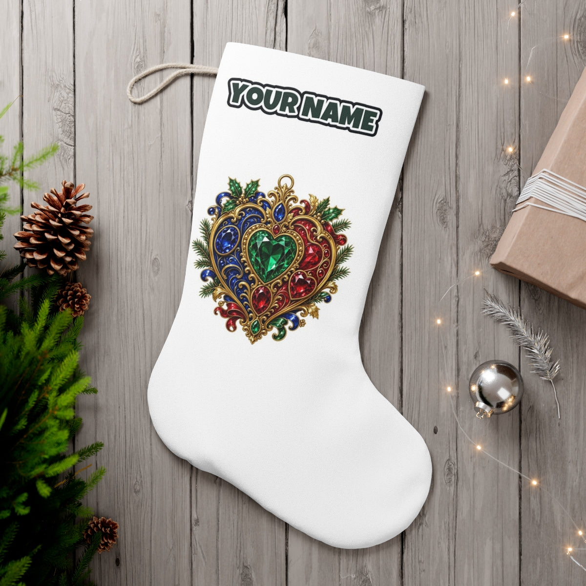 Jewelled Heart Christmas Ornament personalised Christmas stocking, white, with the name across the top