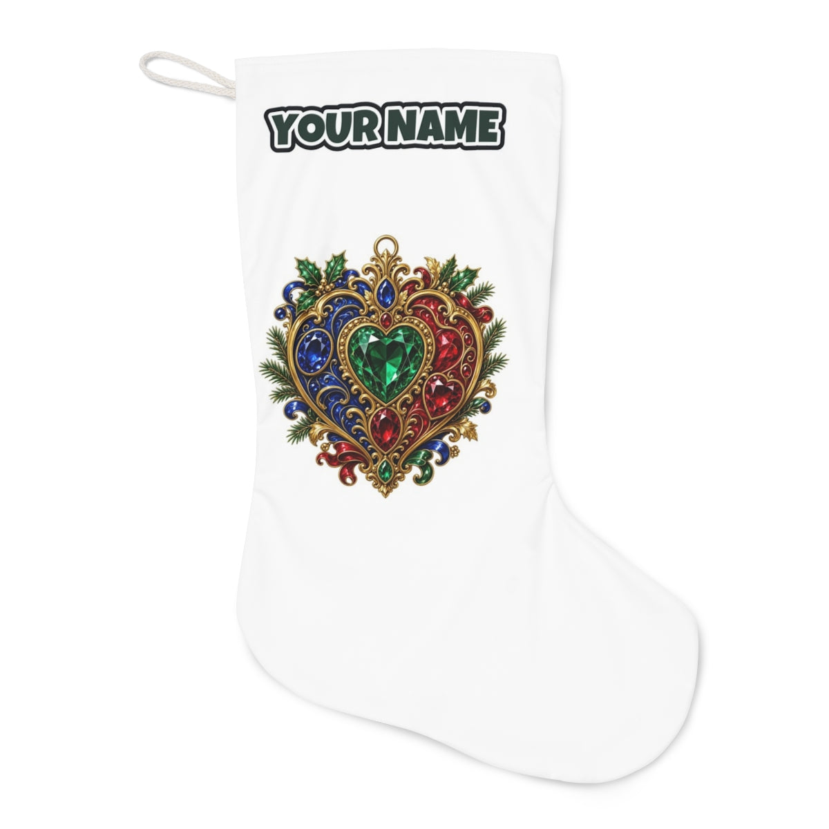 Jewelled Heart Christmas Ornament Christmas stocking laid flat, showing the full print
