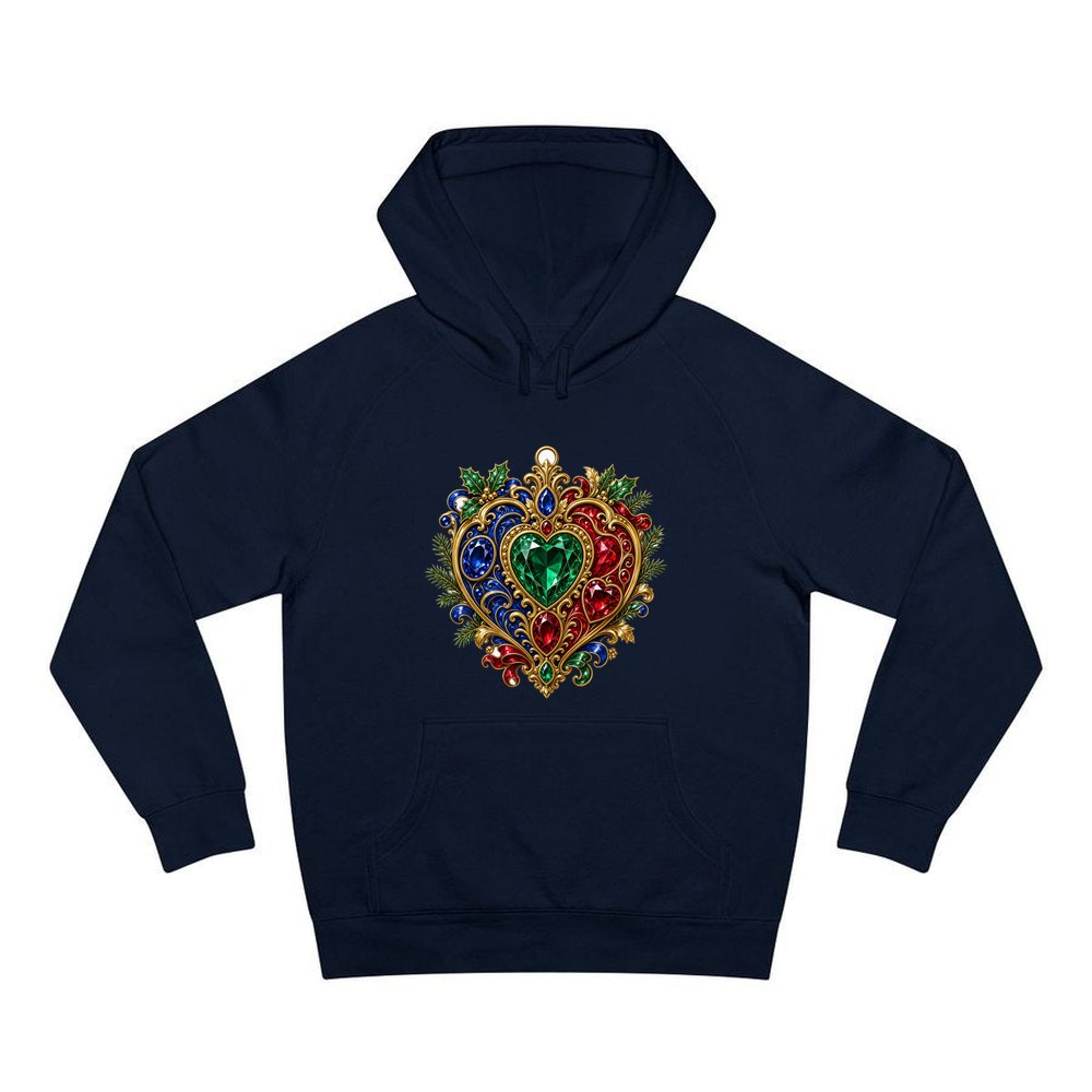 Jewelled Heart Christmas Ornament personalised Christmas hoodie in navy