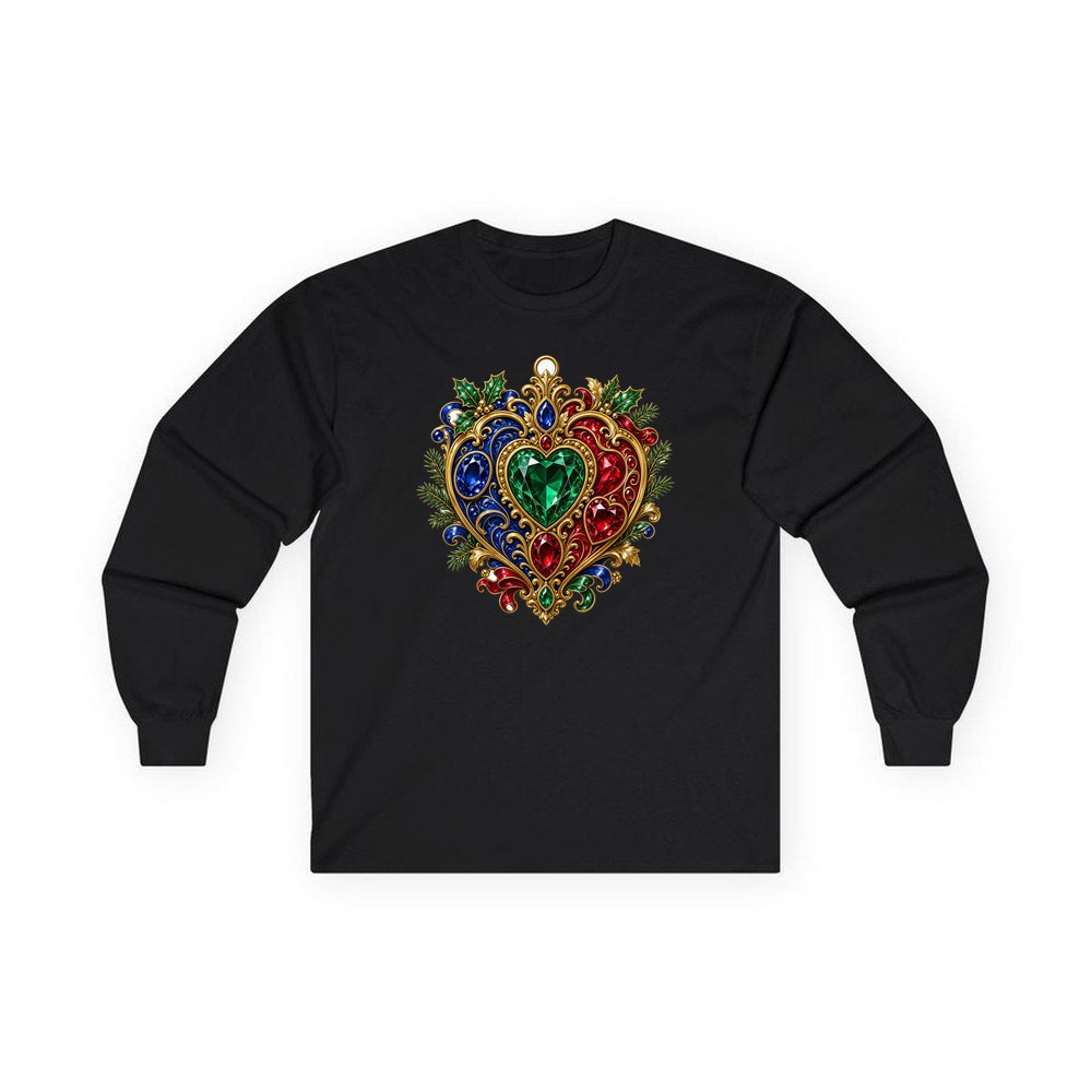 Jewelled Heart Christmas Ornament personalised long sleeve Christmas T-shirt in black