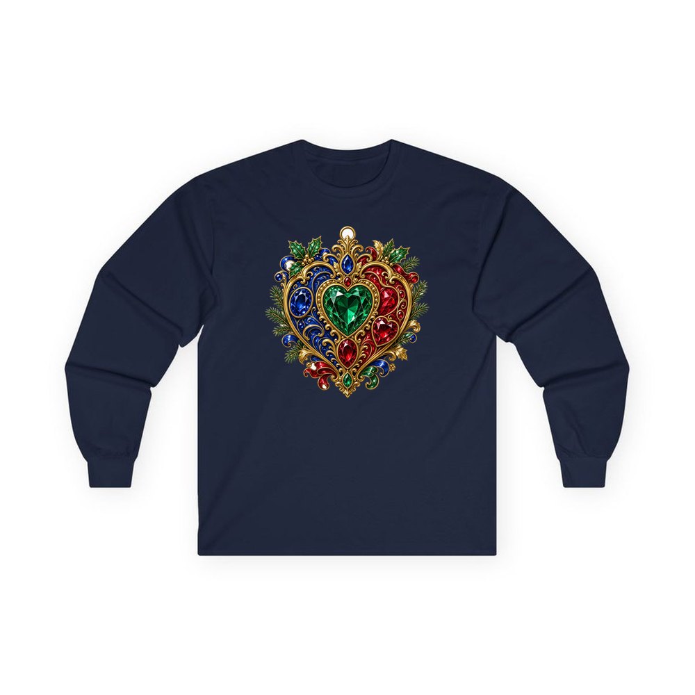 Jewelled Heart Christmas Ornament personalised long sleeve Christmas T-shirt in navy