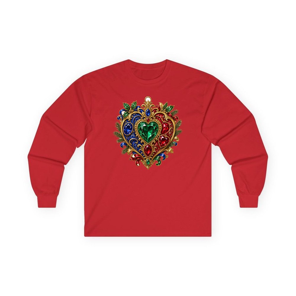 Jewelled Heart Christmas Ornament personalised long sleeve Christmas T-shirt in red