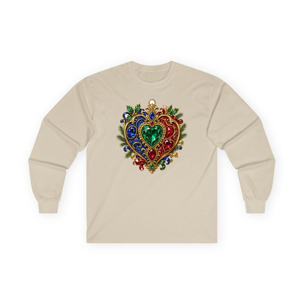 Jewelled Heart Christmas Ornament personalised long sleeve Christmas T-shirt in sand