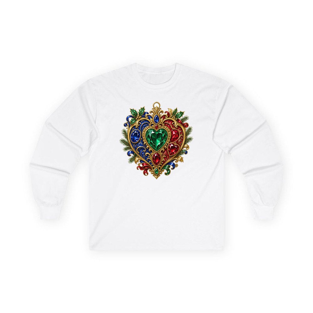 Jewelled Heart Christmas Ornament personalised long sleeve Christmas T-shirt in white