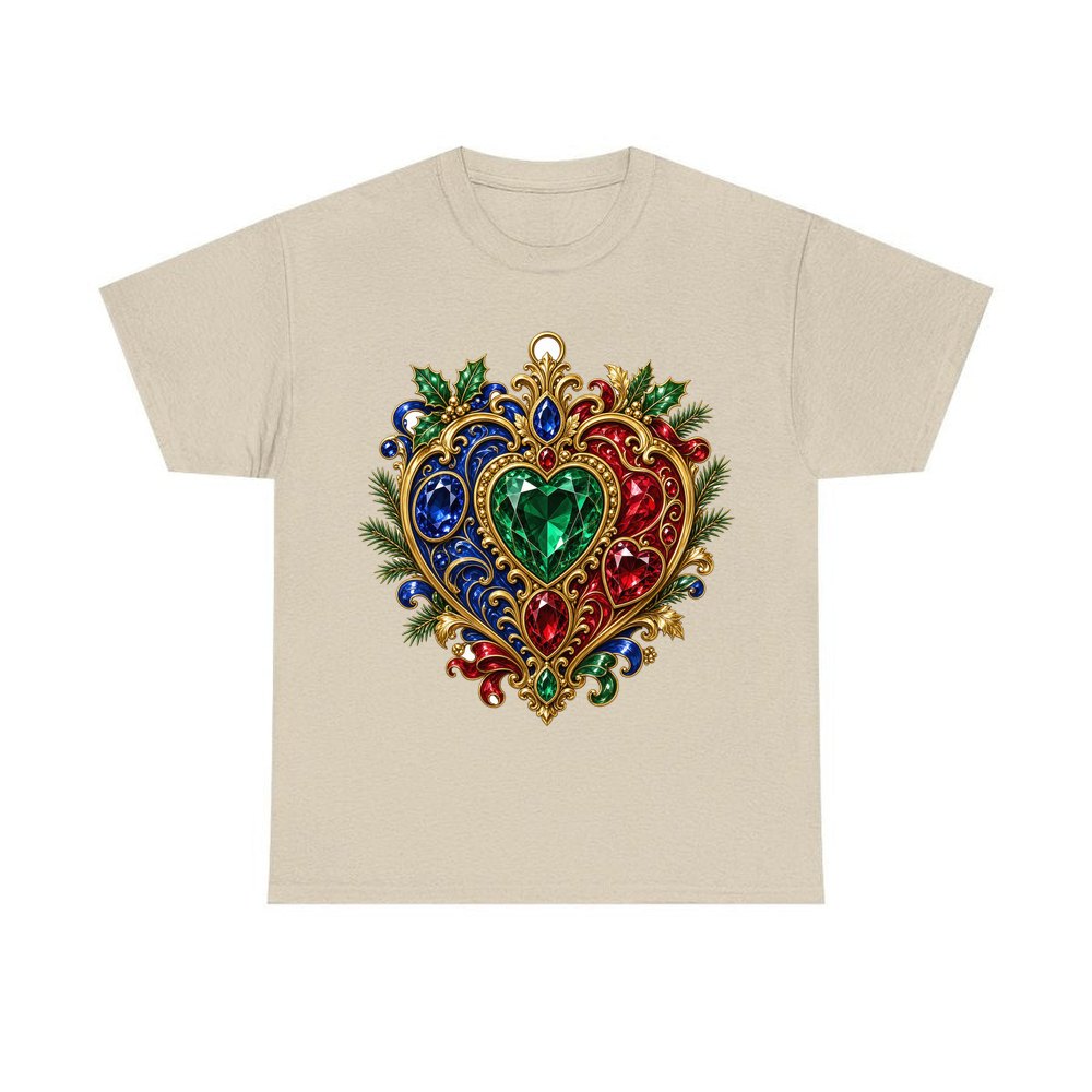 Jewelled Heart Christmas Ornament personalised Christmas T-shirt in sand