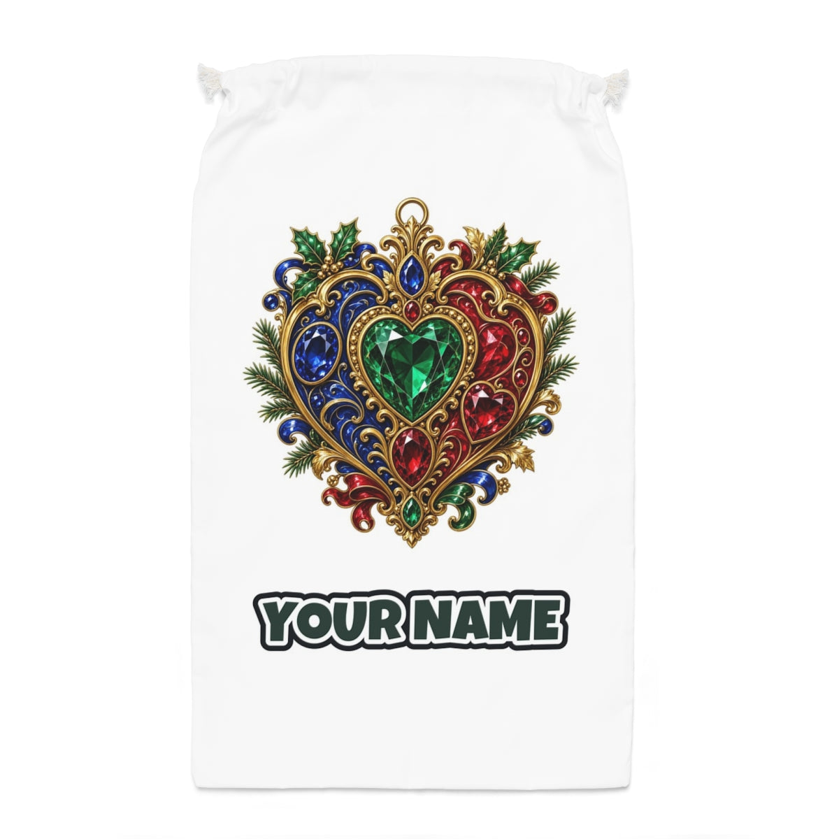 Jewelled Heart Christmas Ornament Santa sack laid flat, showing the full print