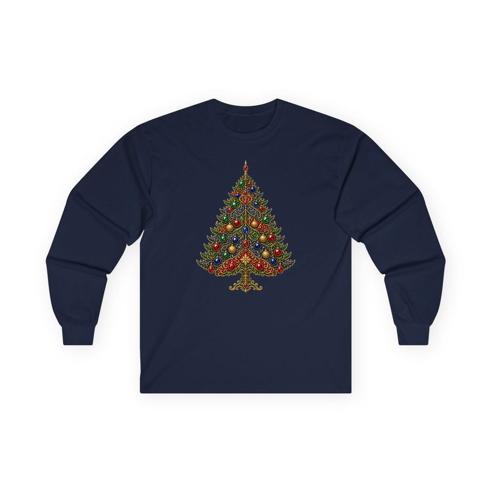 Jewelled Ornate Christmas Tree personalised long sleeve Christmas T-shirt in navy