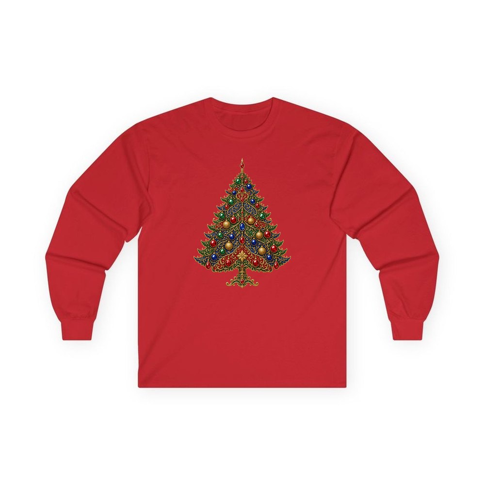 Jewelled Ornate Christmas Tree personalised long sleeve Christmas T-shirt in red
