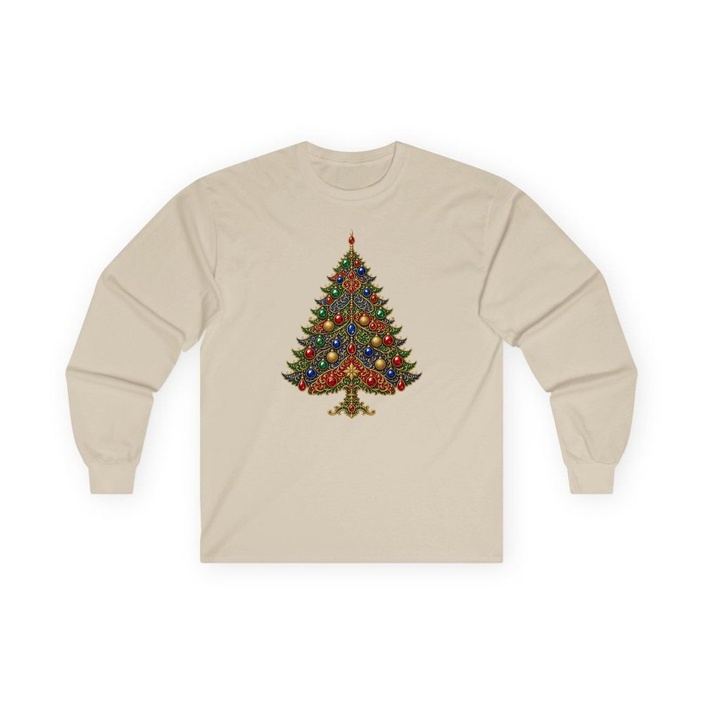 Jewelled Ornate Christmas Tree personalised long sleeve Christmas T-shirt in sand