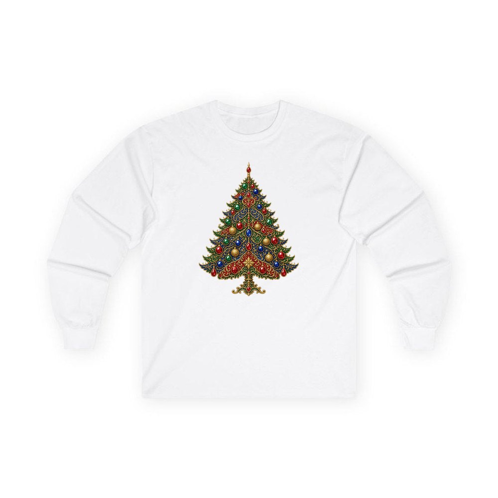 Jewelled Ornate Christmas Tree personalised long sleeve Christmas T-shirt in white