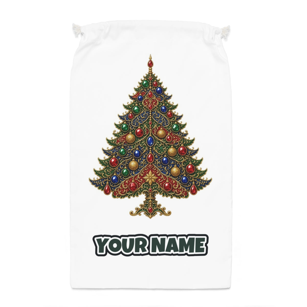 Jewelled Ornate Christmas Tree Santa sack laid flat, showing the full print