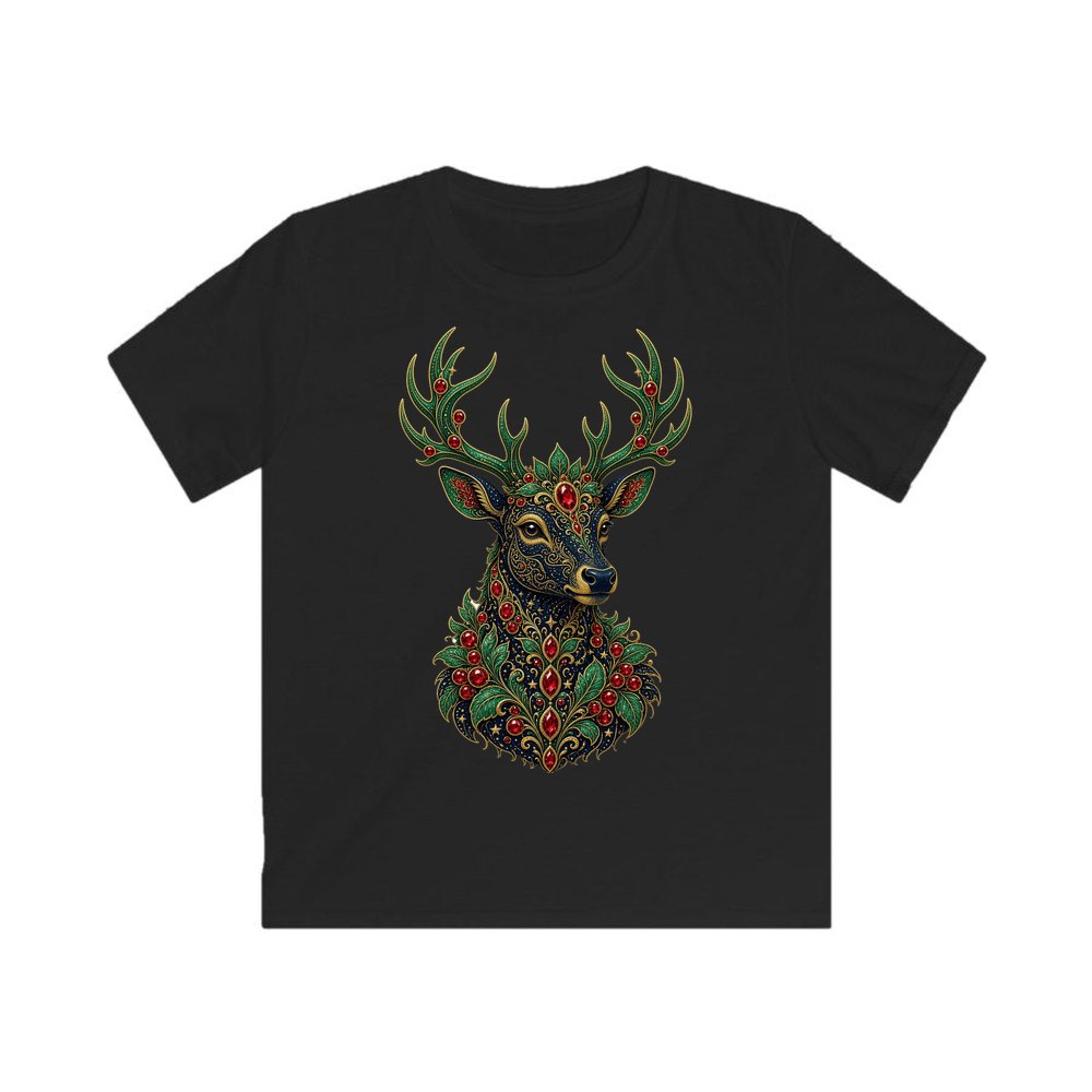 Jewelled Reindeer Portrait personalised kids Christmas tee in black