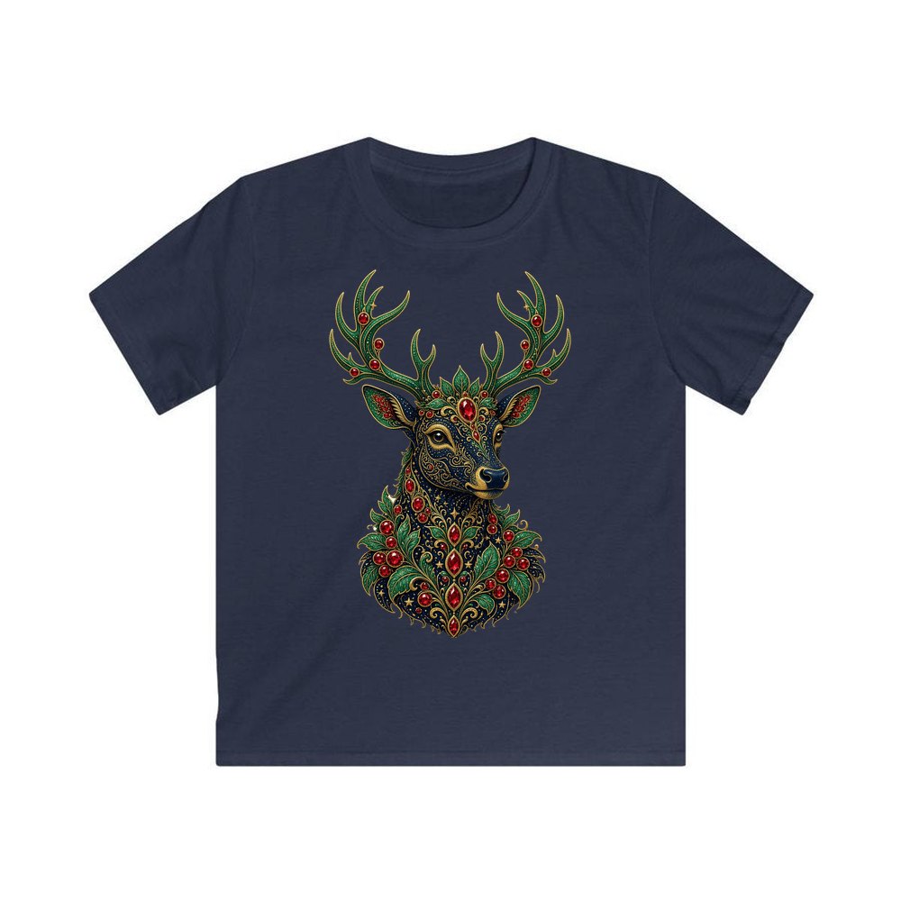 Jewelled Reindeer Portrait personalised kids Christmas tee in navy