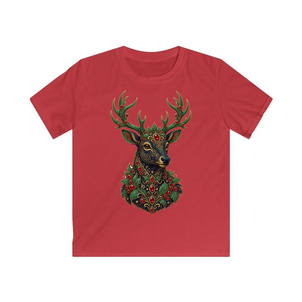 Jewelled Reindeer Portrait personalised kids Christmas tee in red