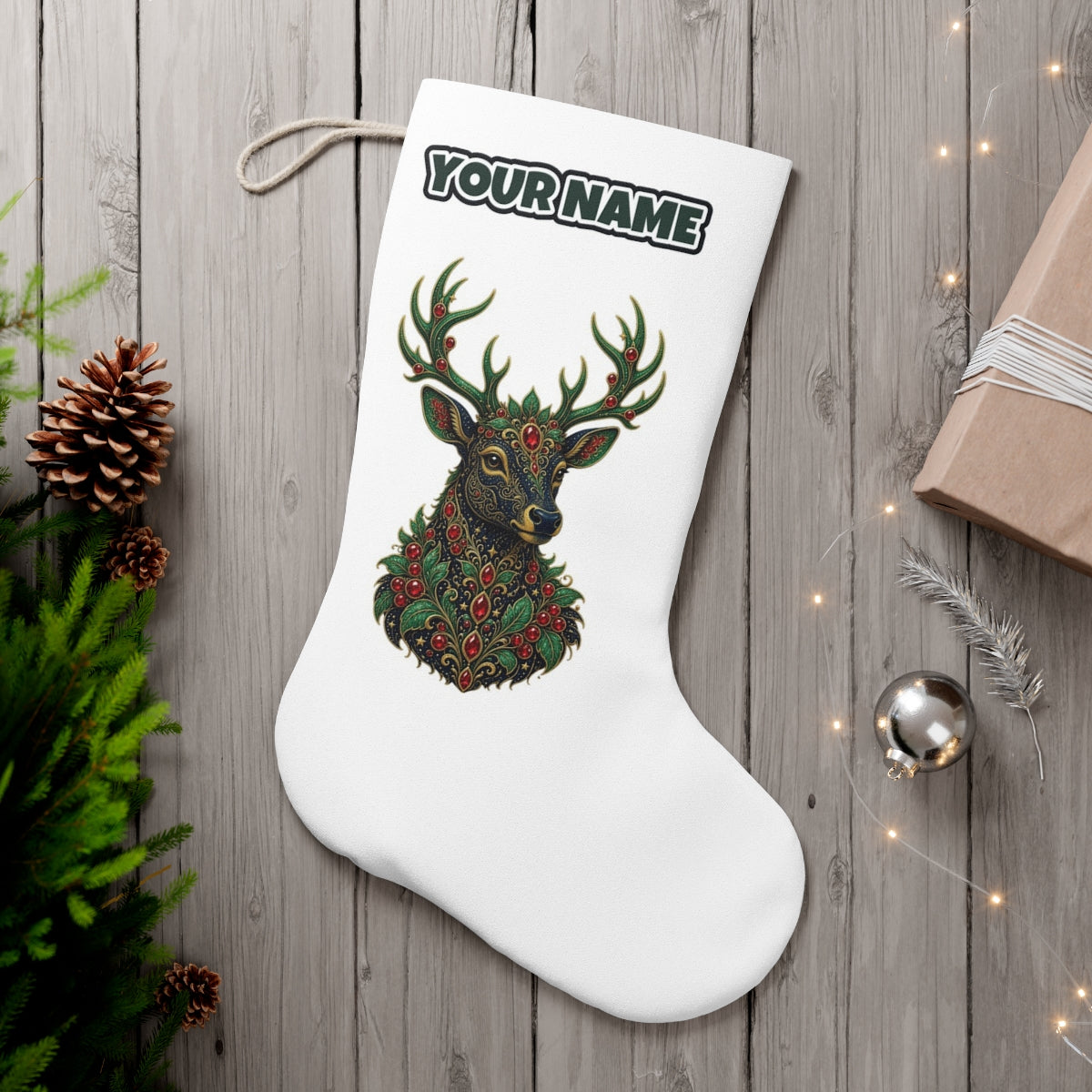Jewelled Reindeer Portrait personalised Christmas stocking, white, with the name across the top