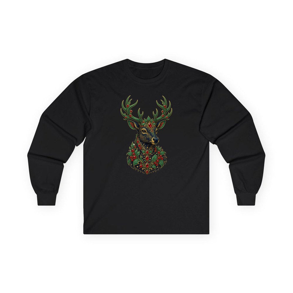 Jewelled Reindeer Portrait personalised long sleeve Christmas T-shirt in black