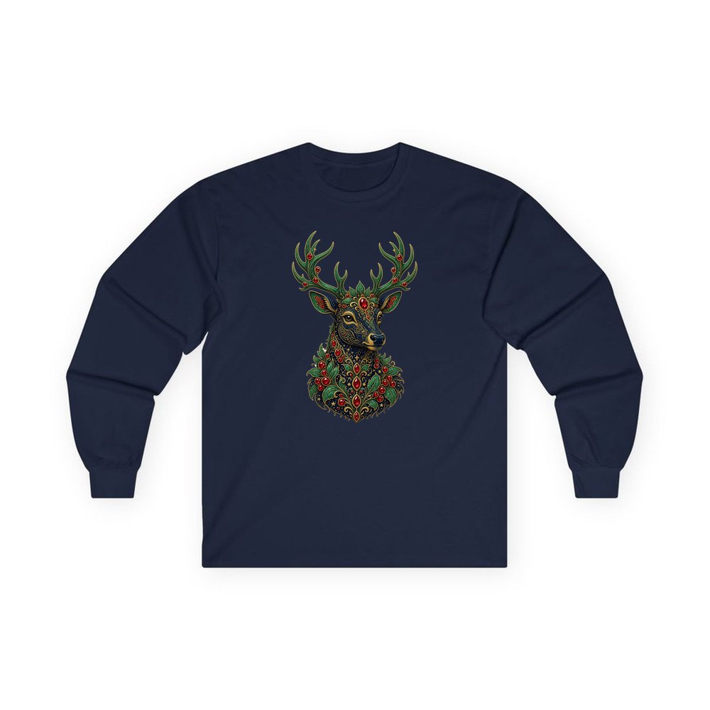Jewelled Reindeer Portrait personalised long sleeve Christmas T-shirt in navy