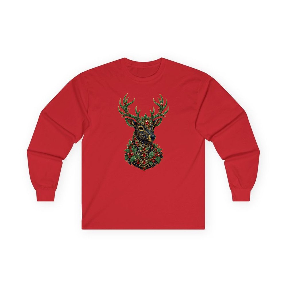 Jewelled Reindeer Portrait personalised long sleeve Christmas T-shirt in red