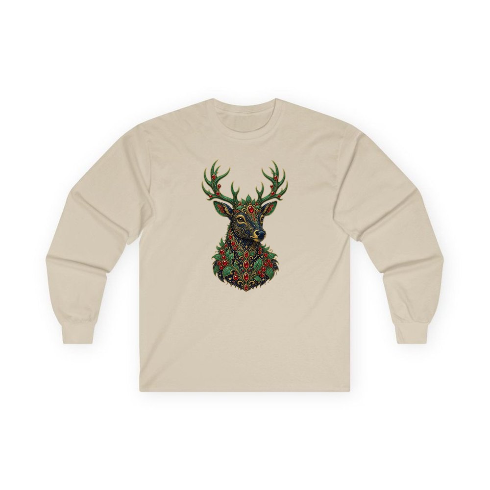 Jewelled Reindeer Portrait personalised long sleeve Christmas T-shirt in sand