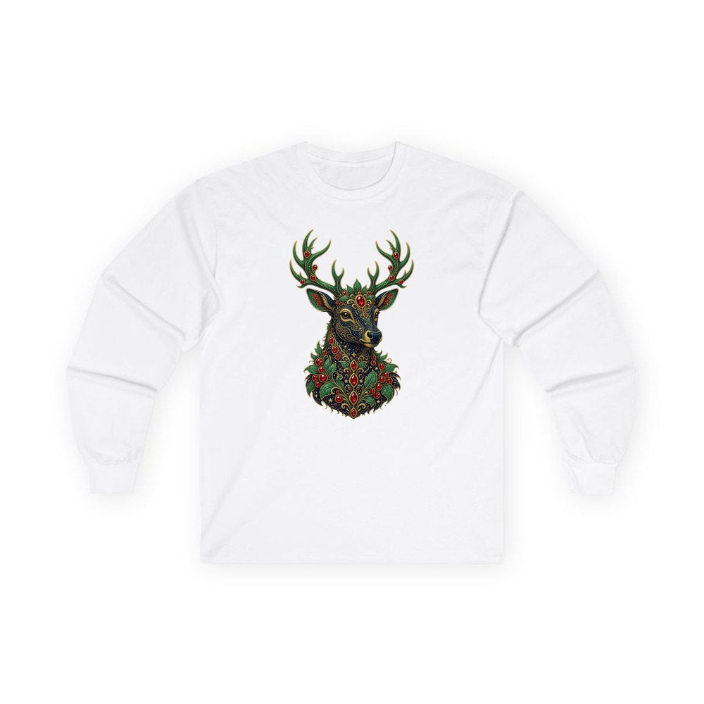Jewelled Reindeer Portrait personalised long sleeve Christmas T-shirt in white