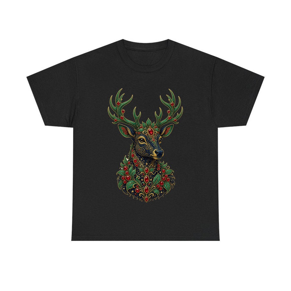 Jewelled Reindeer Portrait personalised Christmas T-shirt in black