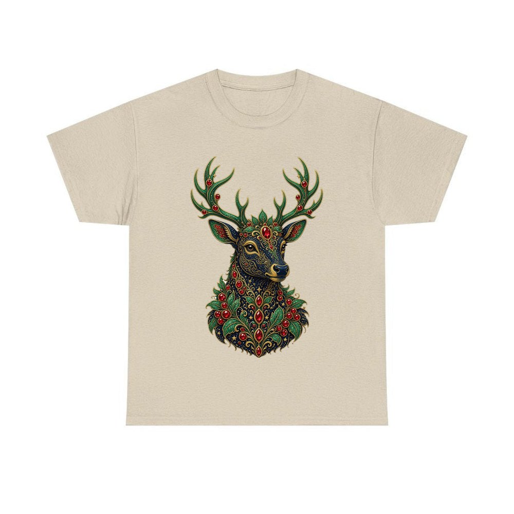 Jewelled Reindeer Portrait personalised Christmas T-shirt in sand