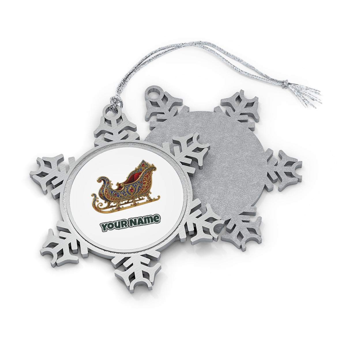 Jewelled Sapphire And Gold Sleigh Personalised Pewter Christmas Ornament