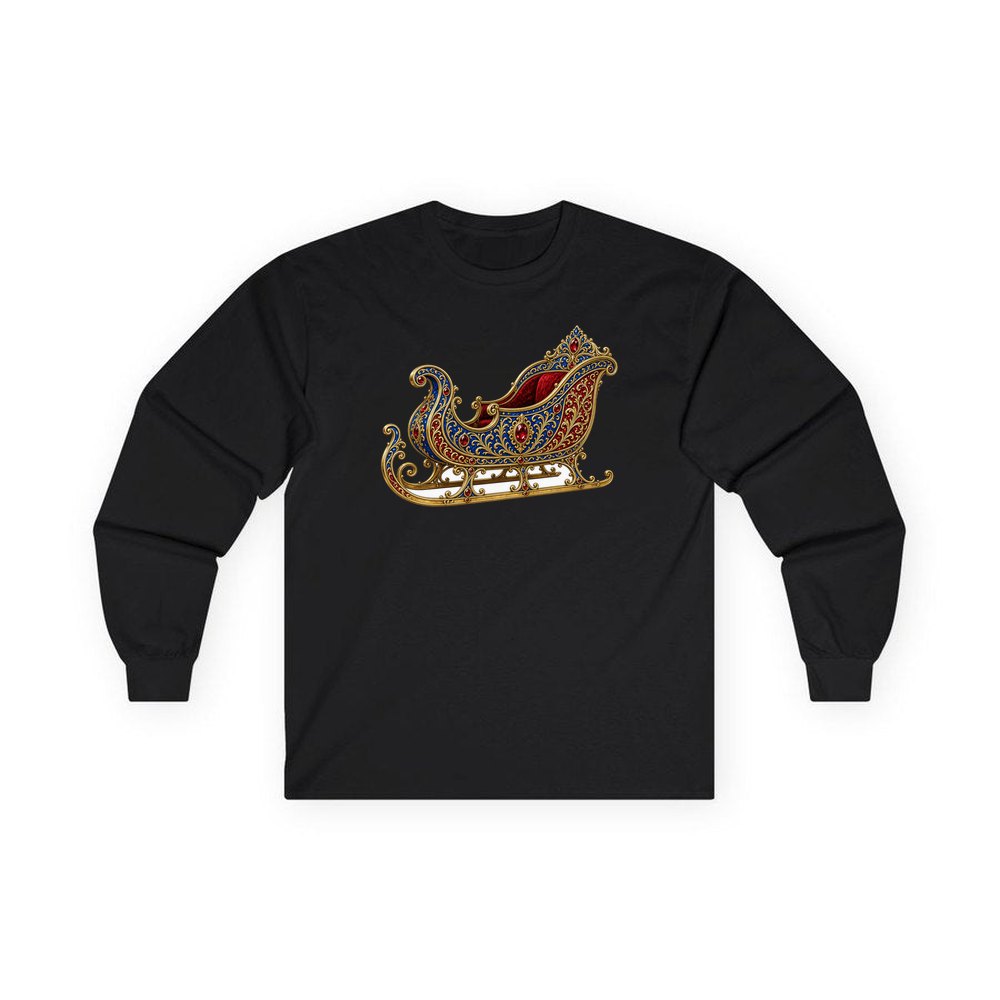 Jewelled Sapphire And Gold Sleigh personalised long sleeve Christmas T-shirt in black