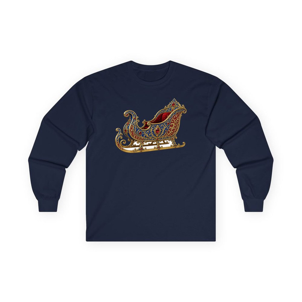 Jewelled Sapphire And Gold Sleigh personalised long sleeve Christmas T-shirt in navy