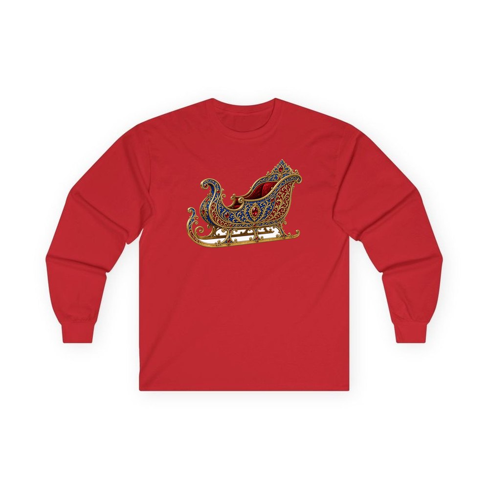 Jewelled Sapphire And Gold Sleigh personalised long sleeve Christmas T-shirt in red