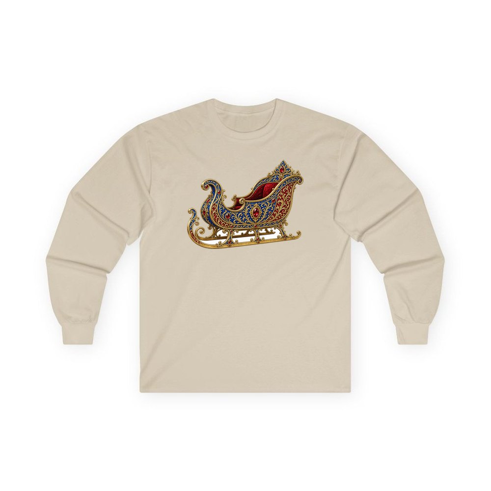 Jewelled Sapphire And Gold Sleigh personalised long sleeve Christmas T-shirt in sand