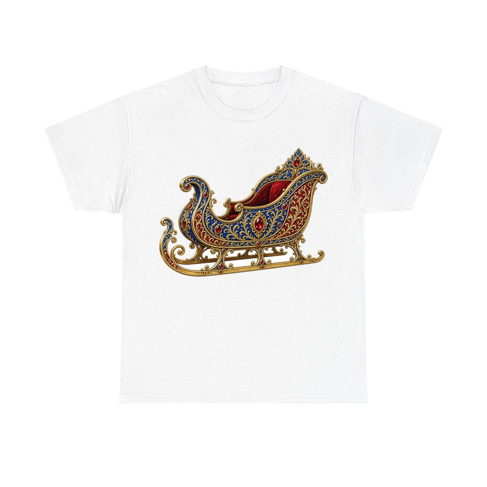 Jewelled Sapphire And Gold Sleigh personalised Christmas T-shirt in white
