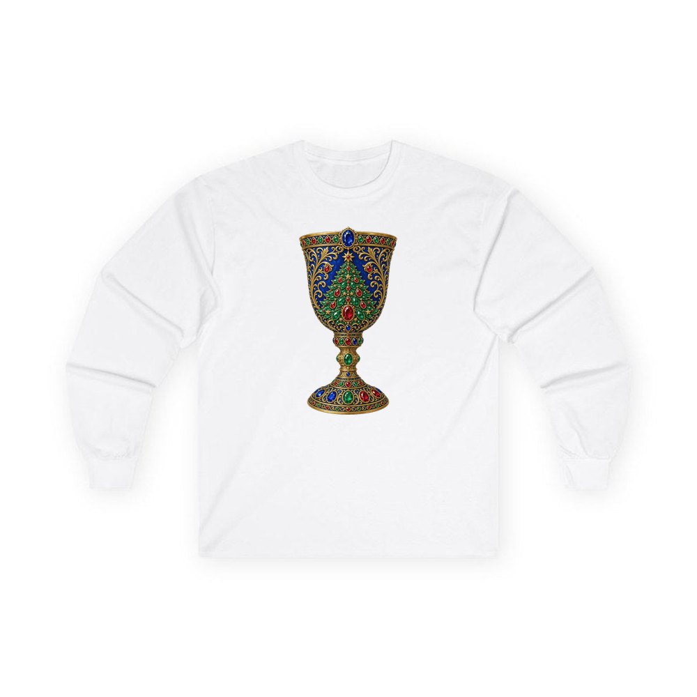 Jewelled Sapphire Christmas Goblet personalised long sleeve Christmas T-shirt in white