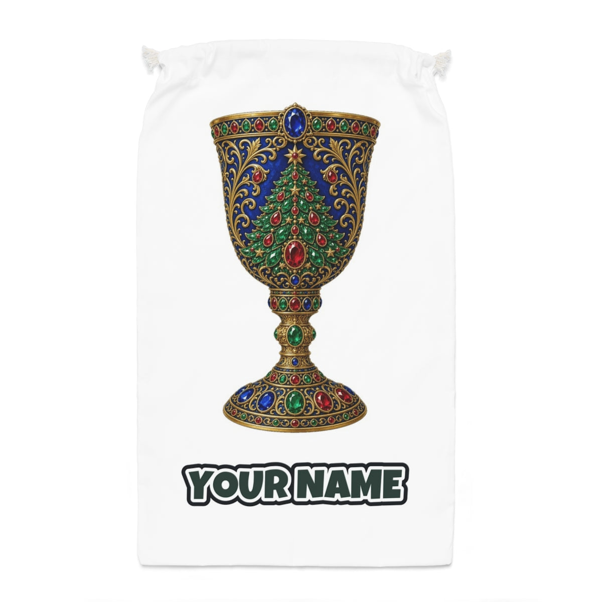 Jewelled Sapphire Christmas Goblet Santa sack laid flat, showing the full print