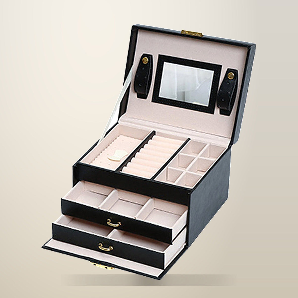 JR Joyreap Jewellery Box with Mirror, Double Drawers, Black