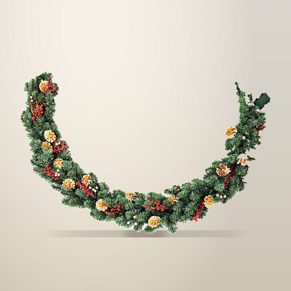 Jingle Jollys 1.8 m Garland with Pine Cones and Berries, on a plain cream background