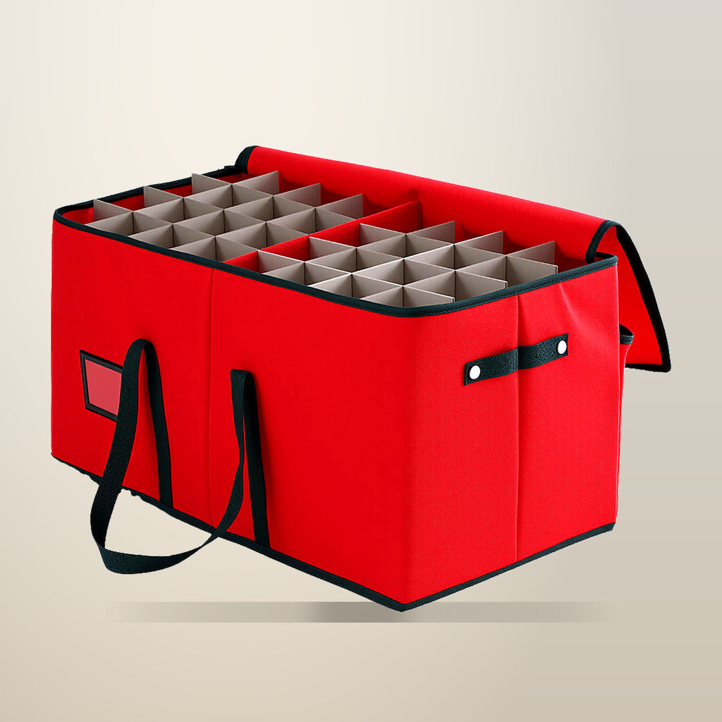 Jingle Jollys Christmas Baubles Storage Box, 128 Slots, Red, on a plain cream background
