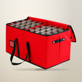 Jingle Jollys Christmas Baubles Storage Box, 128 Slots, Red, on a plain cream background